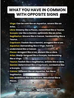 The image is a graphic with a dark, space-like background. At the top, a white box contains the text 'WHAT YOU HAVE IN COMMON WITH OPPOSITE SIGNS' in bold, black letters. Below this are lists of zodiac signs with their commonalities described, using a mix of bold and regular black text. The zodiac sign names are in bold followed by descriptive phrases such as 'Can be cold like an Aquarius'. The lower section has the text 'Try Respontika @pp to reveal hidden insights about yourself and your partner' in a smaller font size.