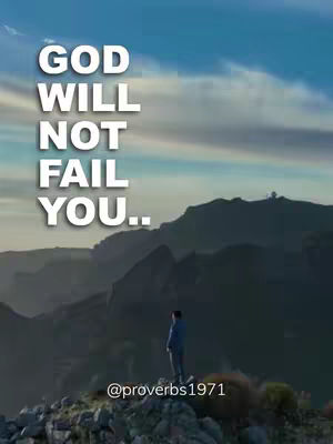 The image shows a person standing on a mountain peak facing away from the camera. The background is a faded blue sky with clouds and a range of mountains in the distance. Large white text that says 'GOD WILL NOT FAIL YOU' is positioned at the top of the frame. Below the main text is the Instagram handle '@proverbs1971'.