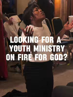A person with arms raised, eyes closed and a focused expression, surrounded by people in a church setting. Text overlays indicate the content's theme.