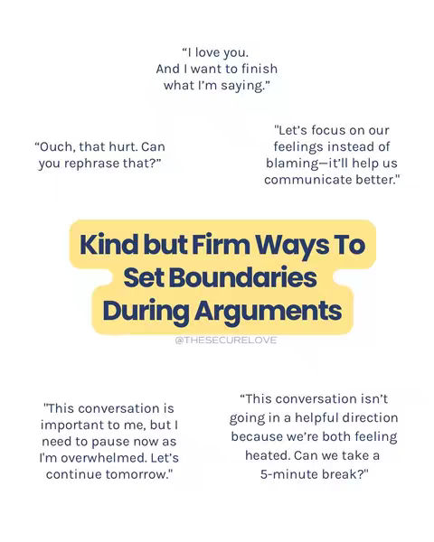 A vertical infographic with a white background, featuring thought bubbles with quotes about setting boundaries during arguments. A yellow banner with dark blue text displays the title. The overall layout is clean and concise.