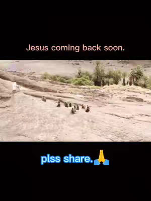 The image shows a desert landscape with a group of people walking on it. The sky is dark. Text overlays say 'Jesus coming back soon' and 'plss share'.