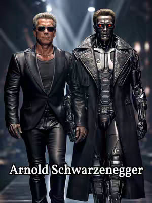 The cover image shows a digitally altered image featuring Arnold Schwarzenegger posing with a Terminator-like robotic figure on a fashion show runway. Schwarzenegger, dressed in a black leather suit and sunglasses, stands beside the robot, which is also clad in black and has glowing red eyes.