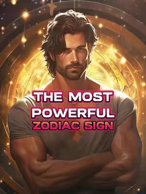 The cover image features a muscular man with dark hair and a beard. He is shirtless, with his arms crossed in front of his chest, conveying a sense of power. Overlay text in a bold, pink-outlined font reads \"THE MOST POWERFUL ZODIAC SIGN\". The background has gold and light effects with celestial like details. The overall composition has a strong emphasis on the man's physique and the central text, blending both astrological and aesthetic appeal.