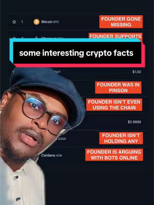 A man with glasses is centered, interacting with an overlay. The overlay, a list of crypto facts, is presented to the right; the image is framed against a dark background.