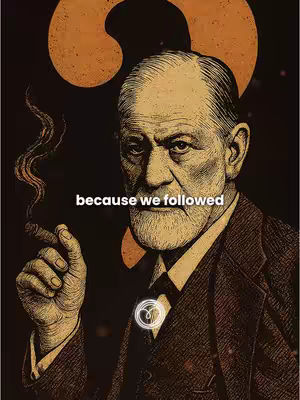 An artistic illustration of a man with a beard, dressed in a suit, smoking a cigar. The background is dark with a stylized orange question mark. Text overlayed in white. Overall dramatic and thought-provoking image.