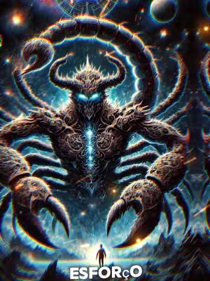 A digital illustration depicts a stylized scorpion-like figure in a cosmic setting. The scorpion is a humanoid creature with a detailed, textured body in shades of brown and grey. It has large claws, a curved tail, and a face with glowing blue eyes. A tiny figure stands at the bottom, in front the scorpion, in a minimalistic pose. The background showcases a nebula with various colors, stars, and planets. The text 'ESFORÇO' is added at the bottom.