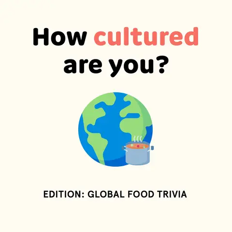 The image features a cream-colored background with text overlayed. Dominating the center a graphic of the Earth is depicted. Overlaid on the Earth is the text, with the question 'How cultured are you?' in a bold, black font, and the word 'cultured' is a salmon pink color. Underneath an illustration of a pot of stew is a banner that reads: 'EDITION: GLOBAL FOOD TRIVIA' in all-caps.