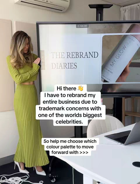 A woman in a lime-green outfit stands in front of a screen displaying the text 'THE REBRAND DIARIES' and a product image. A caption overlay asks for help in choosing a colour palette.