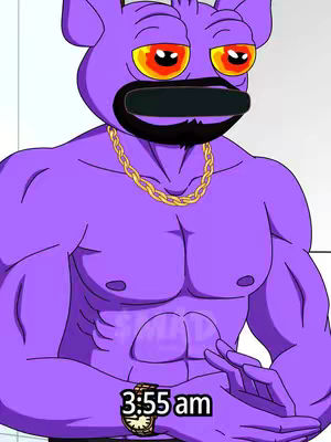 An animated purple figure with a muscular build, a Pepe the Frog-like face with bloodshot orange eyes, wearing a gold chain and a watch displaying "3:55 am". The background is a light grey.