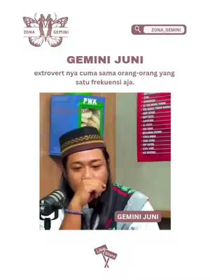 The image displays a man in a black and gold cap, situated in a room with a microphone. Text overlays include the words "GEMINI JUNI" and phrases that relate to gemini zodiac, such as being extroverted and disliking people who aren't on the same level.