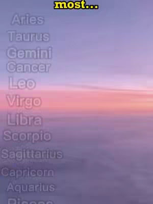 The image displays a gradient sky in shades of purple, pink, and orange, transitioning horizontally. Overlaid on this is a vertical list of zodiac signs in a light, semi-transparent font. At the top right, a yellow banner reads "most..."