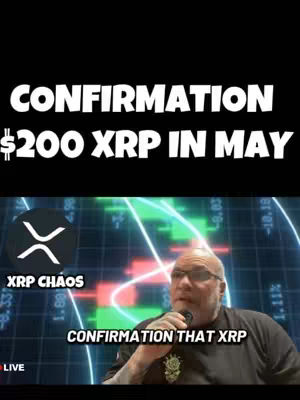 The cover image features a man speaking, likely a financial analyst, with overlaid text and a cryptocurrency chart in the background. The text 'CONFIRMATION $200 XRP IN MAY' is prominently displayed at the top. Below,  the text 'XRP CHAOS' is displayed over the XRP logo.