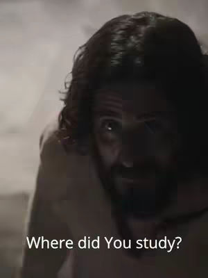 An image from the TV series 'The Chosen,' featuring a man with long, dark hair, looking up with one eye visible. Text overlayed on the bottom reads, 'Where did You study?'