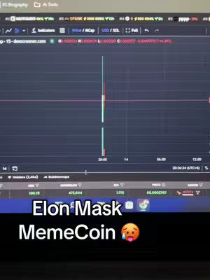 A laptop screen displaying a stock chart for a cryptocurrency. The chart shows a vertical spike, indicating a rapid price increase or decrease. The lower portion of the screen displays details like holders and trading figures, with a text overlay at the bottom reading 'Elon Mask MemeCoin' along with an emoji, suggesting a meme-based cryptocurrency associated with Elon Musk.
