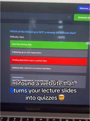 The cover image shows a laptop screen displaying a multiple-choice quiz question. On the screen, the question is: Which of the following is NOT a remedy for survivor bias? Below the question are multiple choice answers, with one highlighted in green (correct) and one in red (incorrect). In the background, there is text overlay with the hook.