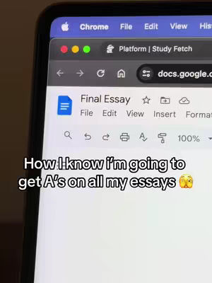 The image shows a laptop screen displaying a Google Docs document titled "Final Essay". The screen is at an angle and the focus is on a browser tab with the website "Platform | Study Fetch". Decorative elements include the Google Docs icon, a toolbar with editing options, and the text overlayed at the bottom showing the creator's view.