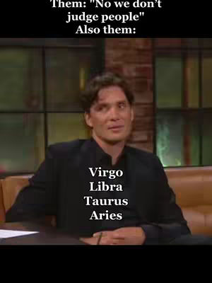 The image shows a man in a dark jacket sitting indoors, with text overlays indicating zodiac signs.
