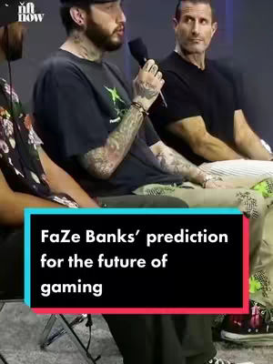 The image features three men seated and speaking. The central figure, with tattoos, holds a microphone and appears engaged, a text overlay reads: FaZe Banks' prediction for the future of gaming.