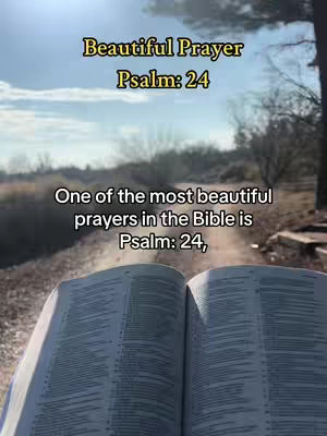 A scenic outdoor shot featuring an open Bible at the bottom with the text overlayed on top. The sky is bright blue with a slight haze, and a dirt path leads into the distance, framed by bare trees.