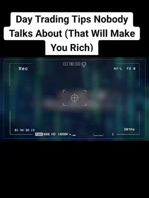 The image features a screen recording layout with a dark background, suggesting a financial or tech context. Overlaid at the top is text in a bold, white font that reads, 'Day Trading Tips Nobody Talks About (That Will Make You Rich)'. The screen itself has a 'Rec' indicator along the top left, and towards the center, a crosshair symbol. Below it, timecode, along with camera and recording specifications.