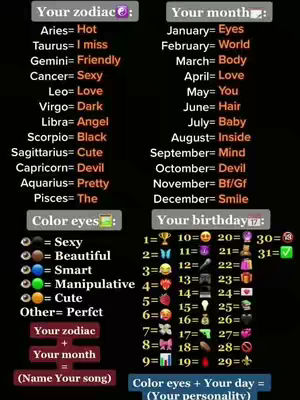 A graphic with lists of zodiac signs, months, and birthdays paired with words to create a personalized song name and personality traits. The background is dark, with text in white, red, and green.