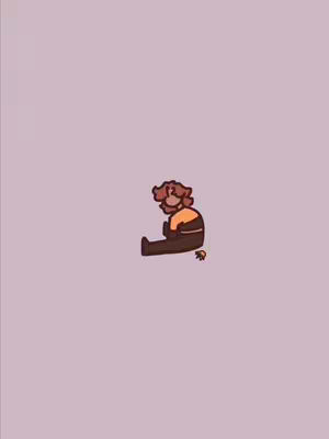 An illustrated figure representing a person sitting down, hunched over, on a plain background. The figure is small and centered, with brown hair, an orange shirt, and dark pants. A small leaf is next to the character, completing the picture. The background is a soft purple color.