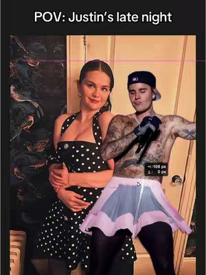 The cover image is a digital composite. It depicts a humorous scene using Adobe Photoshop's generative AI fill feature. The image combines photos of Justin Bieber and Selena Gomez, with Justin Bieber dressed in women's clothing, creating a comedic effect.