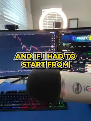 The cover image features a desk setup with two computer monitors displaying financial charts. A Blue Yeti microphone is in the foreground, and the image hosts overlay text.
