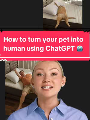 The cover image is a vertical collage, segmented into sections. At the top is an image of a cat lying on a bed. Below is a red banner containing white text with a robot symbol beside it, overlaying a scene featuring a woman in a blue shirt speaking. Behind her, on a separate bed, is a man lying down.
