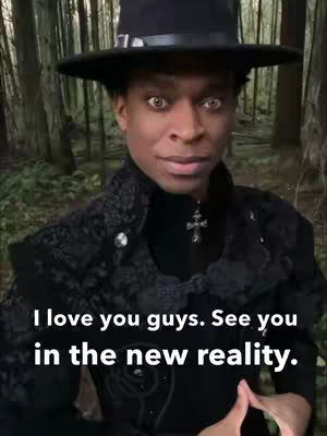A man with dark skin and brown eyes wearing a black hat and coat is facing the camera, with text overlaid. The background consists of a blurred forest scene with tall trees.