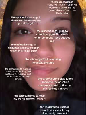 A selfie-style image with a woman at the center, her face filling most of the frame. Text overlays are placed around her face. She has dark hair and is looking at the camera. The image has warm lighting, and the background is slightly blurred.