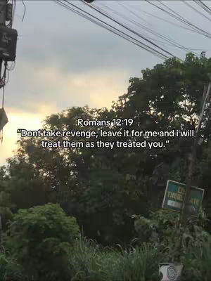 The image shows a natural outdoor scene with a cloudy sky and trees. Text overlayed on the image quotes a Bible verse about revenge.