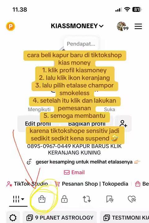The cover image is a screenshot of a TikTok account, likely a tutorial. It features a mobile phone screen with a user interface. The main elements are text annotations on the screen, guide the viewer on how to use the TikTok shop. The background is blurred, suggesting a focus on the foreground content.