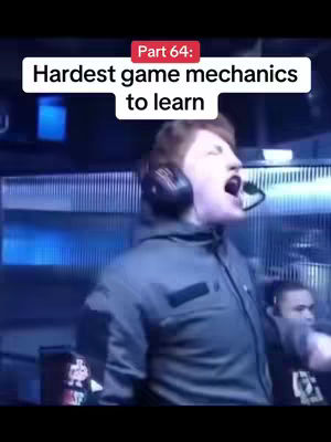 A man with headphones is shown in a gaming or streaming setup, mouth wide open, with text overlays indicating a video series regarding hard game mechanics. A second person can be seen in the background.