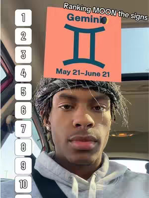 A young man in a car, viewed from the chest up. He is wearing a light gray hoodie, with a black and white bandana. The cover image is an Astrology-themed reveal on the signs of the Zodiac. The background is a light pink or salmon-colored block, superimposed with the symbol of Gemini and it’s description text. A numbered list runs down the left side of the frame.