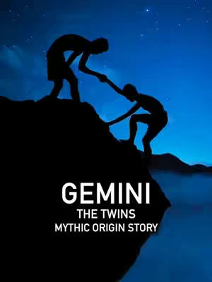 The cover image depicts a silhouetted scene against a dark blue background. In the foreground, a dark, rocky structure forms the base. Two silhouetted figures are present: one is climbing, reaching a hand to the figure above, which appears to be helping. The text in white is centered at the bottom of the image, reads "GEMINI", then The Twins, and Mythic Origin Story."