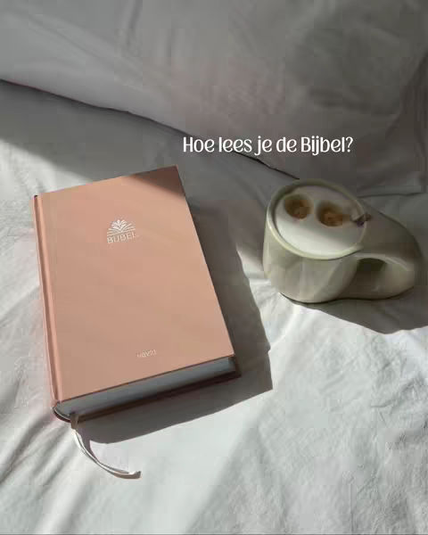 The cover image shows a neatly arranged scene on a white bedsheet. A closed book with a pink cover and the word 'Bijbel' embossed in silver is positioned to the left. Next to it, on the right, is a white mug with two brown spots inside. The hook text, 'Hoe lees je de Bijbel?', is placed towards the top center.