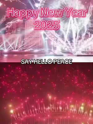 The image is divided into two halves, with the top portion displaying a stage lit up with bright, pink and white lights. The words "Happy New Year 2025" are superimposed across the top in a vibrant pink font. The bottom half of the image is filled with a red gradient, with sparkling firework-like elements rising from the bottom. The words "SAY HELLO PEACE" are positioned in black text, above the fireworks.