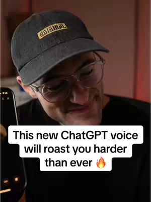 The cover image shows a man wearing a cap and glasses, looking down with a slight smile. Overlayed text promotes a new ChatGPT voice that "will roast you harder than ever."