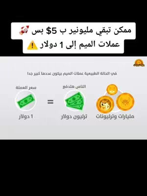 The cover image shows a white background with several text overlays and illustrations. At the top is a white rectangular box with the text "ممكن تبقي مليونير ب 5$ بس" and a rocket emoji on the left. Below that is a yellow box with black text "عملات الميم إلى 1 دولار !" In the center of the image is a diagram showcasing currency illustrations with text labels. The overall composition is designed to convey information about meme coins and financial potential.