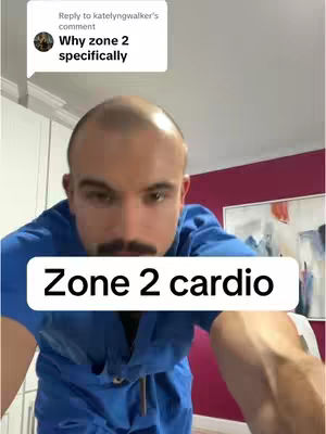 A selfie-style shot features a man in a blue shirt. The man's face is centered, with the text "Zone 2 cardio" in a white rectangular box overlaid across his abdomen.