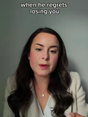 A woman with long dark hair and a light-colored blazer looks directly at the camera. Text appears above her head.