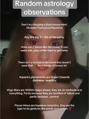 A selfie-style video cover with text overlay, presenting a young woman's face in the center. Above her, text reads 'Random astrology observations.' The background appears muted and dark, likely interior. The woman has mid-length hair and is looking at the camera, suggesting direct engagement.