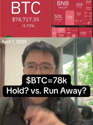 The image shows a man in glasses with a screen displaying cryptocurrency data in the background, and a text overlay saying "$BTC=78k Hold? vs. Run Away?"