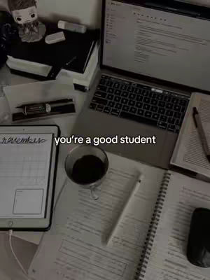 A still-life shot of a desk covered in study materials. A laptop is open, displaying what appears to be a document. Nearby is an iPad with 'November' written on the screen, a glass of dark liquid, a pen, a pencil, and several notebooks. A small figurine sits at the top left. The image has a soft, desaturated color palette, with a focus on muted tones and indirect lighting. The text overlay reads 'you're a good student'.