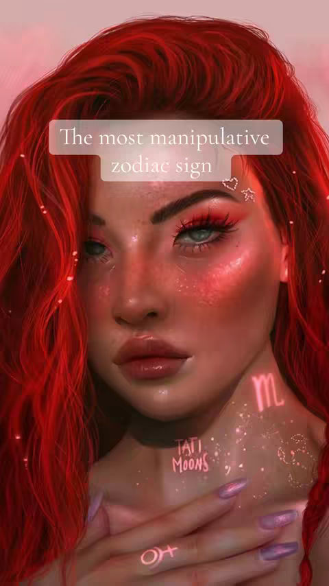 A digitally painted close-up of a woman with vibrant red hair and a fair complexion. She has striking green eyes, prominent lips colored in a deep red hue, and is wearing makeup that incorporates shades of red. The background is a soft pink. Overlaid on the image is text in a white rectangular box that says, 'The most manipulative zodiac sign'. On her neck, are two tattoos: the word 'Tati Moons' and the astrological symbol for Scorpio and the symbol for the planet Mars plus other small embellishments. 