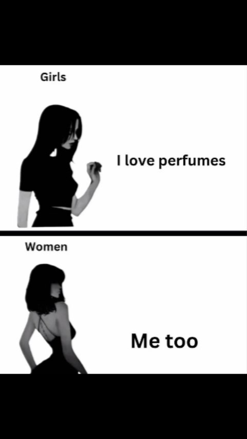 A grayscale split image with white background. The upper section features a silhouette of a girl with the text "Girls" above it, holding a bottle, with the text "I love perfumes" on the right. The bottom section has a silhouette of a woman with the text "Women" above it, with the text "Me too" on the right.