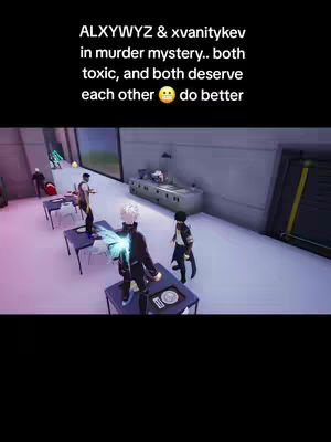 The image shows a scene from a video game, likely Fortnite. Several characters are standing in what appears to be a futuristic, interior setting. The overhead text mentions 'murder mystery' with a negative tone towards two players, implying conflict.