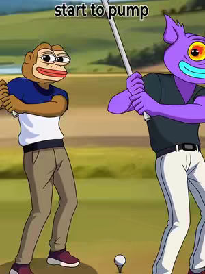 An animated image depicting two cartoon characters in a golf setting. One, resembling a monkey with a Pepe-like face, is in a golf stance. Adjacent is a purple creature with a large eye, also holding a golf club, set against a green grassy field and a bright sky. Text overlays the image.