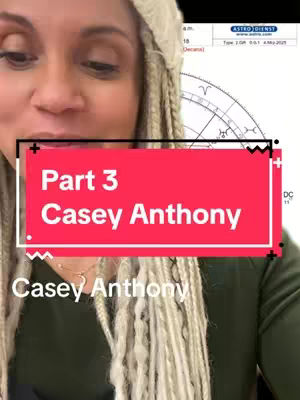 A woman with blonde braids is the focus, with a red rectangular overlay that reads "Part 3 Casey Anthony". To the right, a screen displays astrological charts. The background is a mix of olive green and other indeterminate elements.